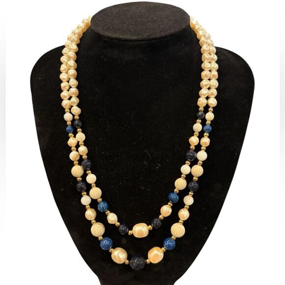 Vintage Liz Claiborne Pearl and Blue Beaded Necklace - Picture 1 of 4